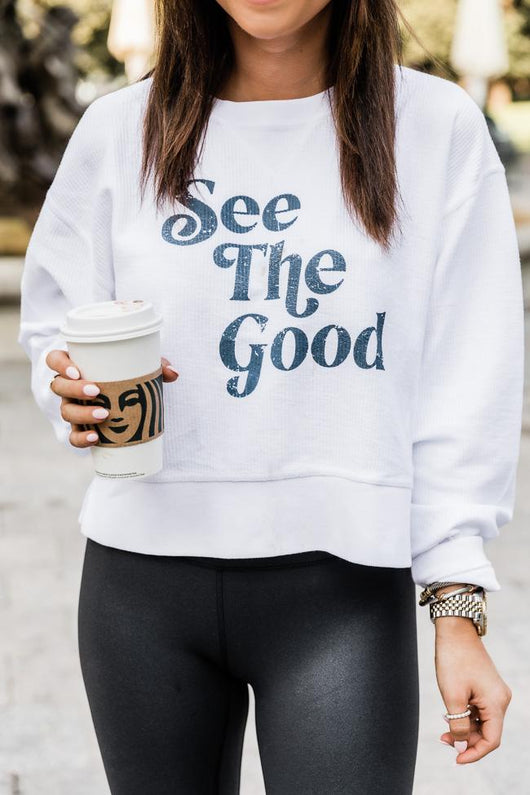 LIVING MY BEST STYLE X PINK LILY See The Good White Cropped Corded Graphic Sweatshirt