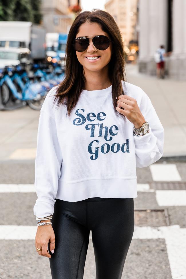 LIVING MY BEST STYLE X PINK LILY See The Good White Cropped Corded Graphic Sweatshirt