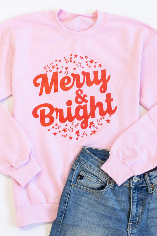 Merry And Bright Stars Graphic Pink Sweatshirt