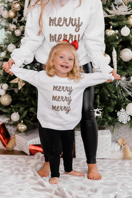 Kids Animal Print Merry Merry Merry White Graphic Sweatshirt