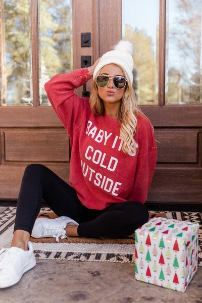 Baby It's Cold Outside Block Red Corded Graphic Sweatshirt