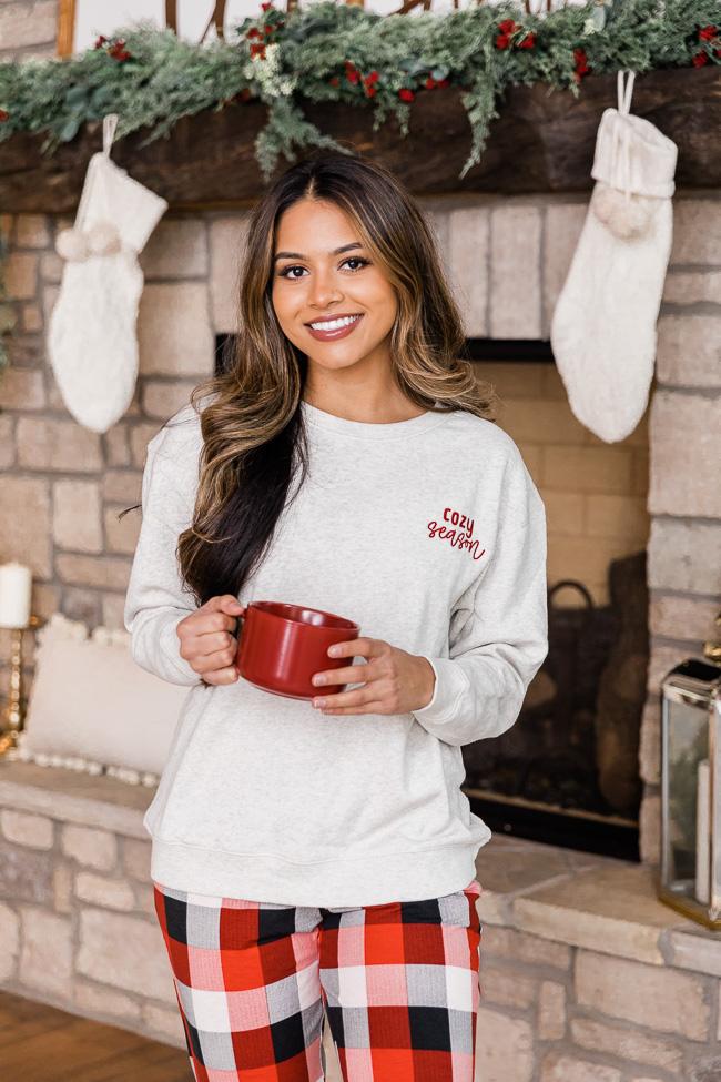 Cozy Season Embroidered Heather Sand Graphic Sweatshirt