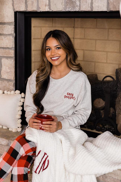 Cozy Season Embroidered Heather Sand Graphic Sweatshirt