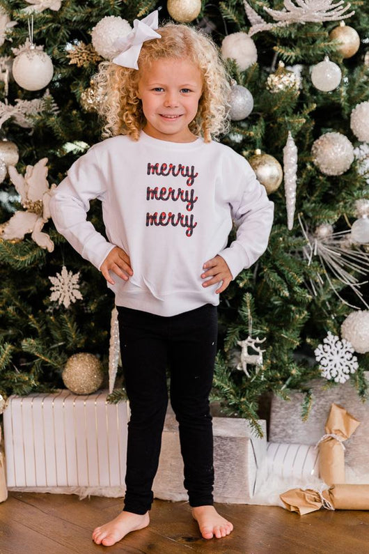 Kids Plaid Merry Merry Merry White Graphic Sweatshirt