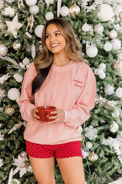 Mama Claus Embroidered Pink Corded Graphic Sweatshirt