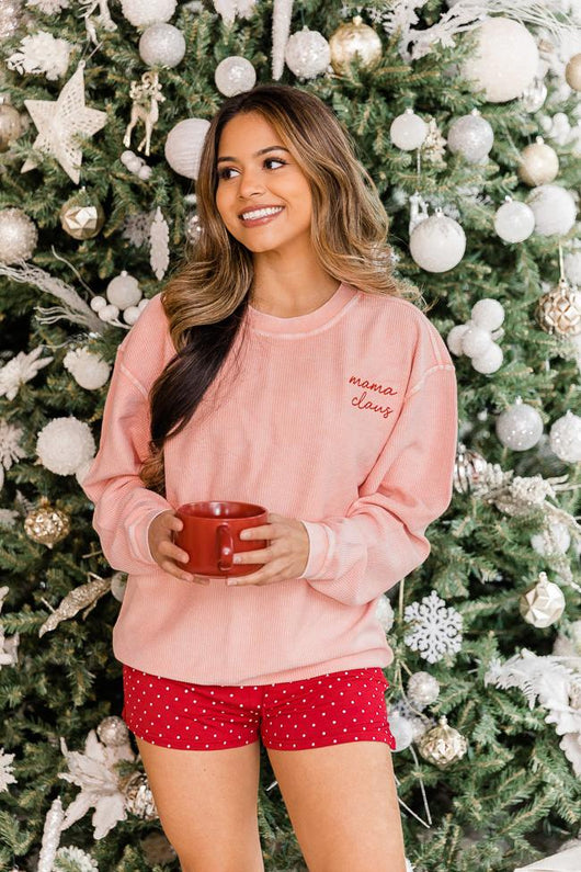 Mama Claus Embroidered Pink Corded Graphic Sweatshirt