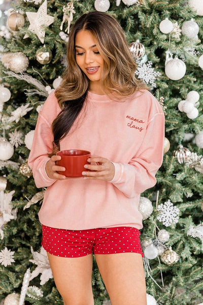 Mama Claus Embroidered Pink Corded Graphic Sweatshirt