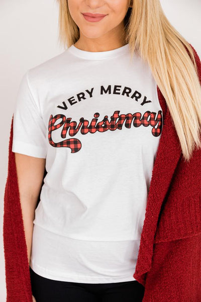 Plaid Very Merry Christmas White Graphic Tee