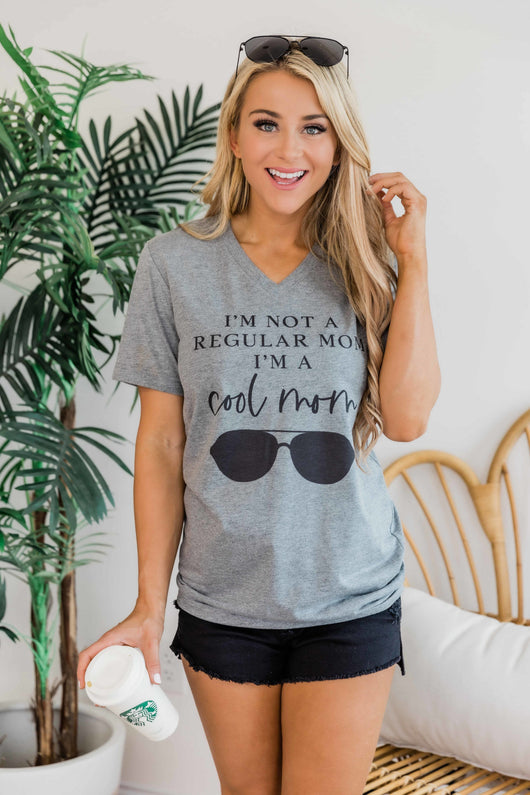Not A Regular Mom Grey V-Neck Graphic Tee