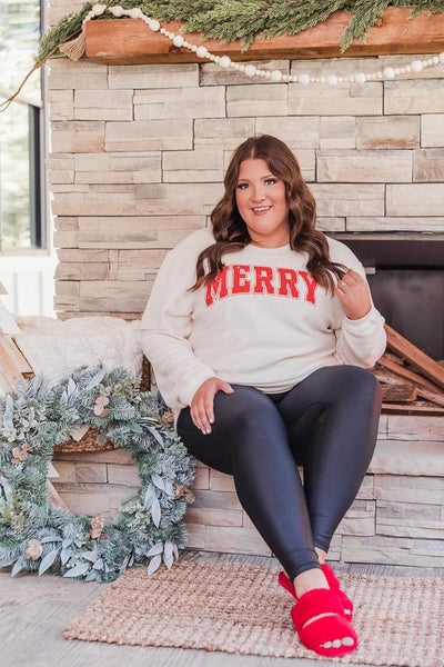 Merry Distressed Ivory Corded Graphic Sweatshirt