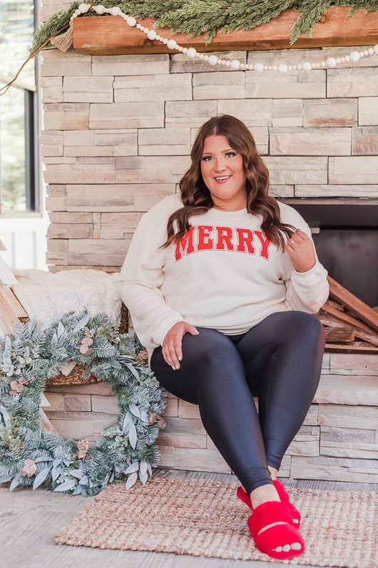 Merry Distressed Ivory Corded Graphic Sweatshirt