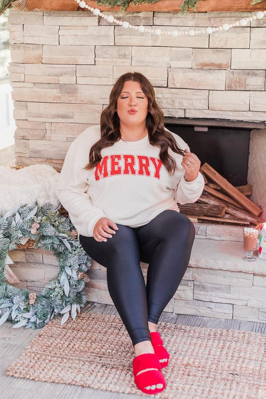 Merry Distressed Ivory Corded Graphic Sweatshirt