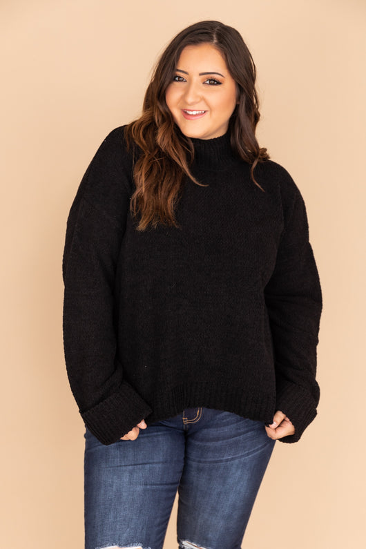 Play Your Part Mock Neck Chenille Sweater Black