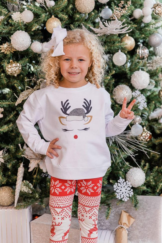 Kids Leopard Print Reindeer Lady White Graphic Sweatshirt