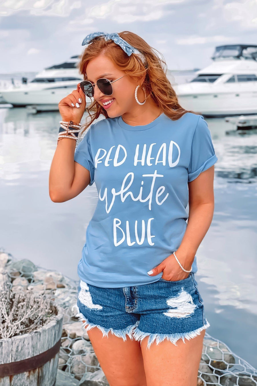 Red Head White Blue Graphic Tee Dusty Blue