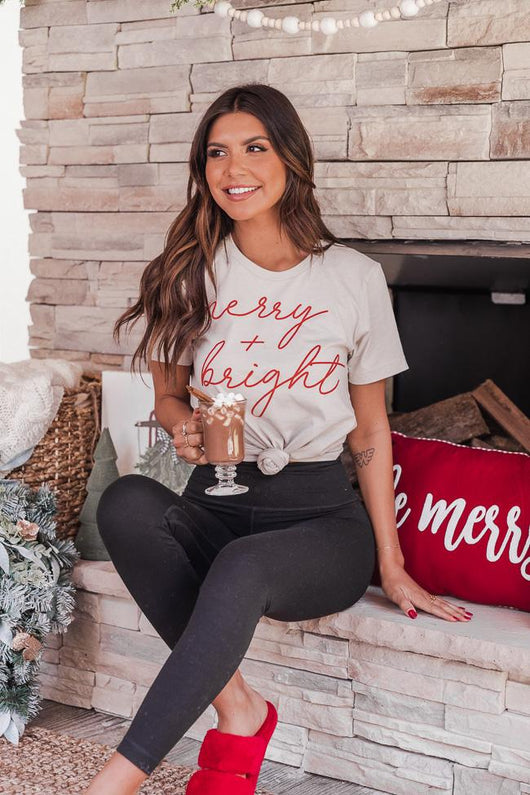 Merry & Bright Script Tan Graphic Tee