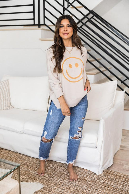 Smiley Face Light Tan Graphic Sweatshirt