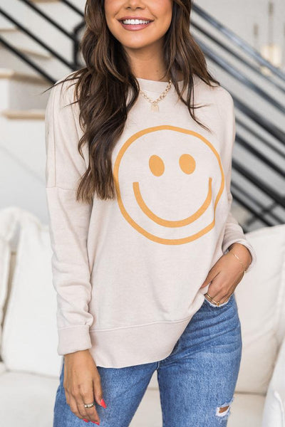 Smiley Face Light Tan Graphic Sweatshirt