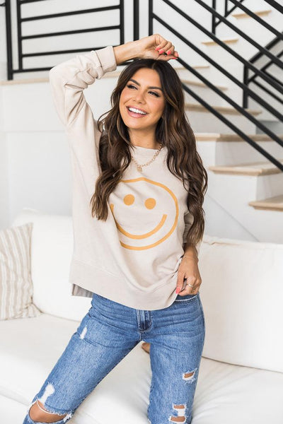 Smiley Face Light Tan Graphic Sweatshirt