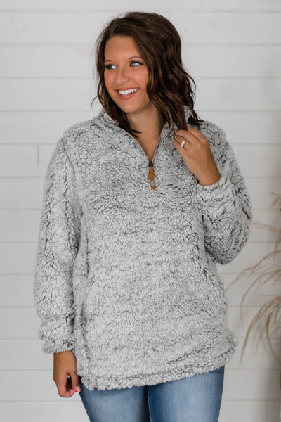Snowy Daydreams Light Grey Sherpa Quarter Zip Pullover