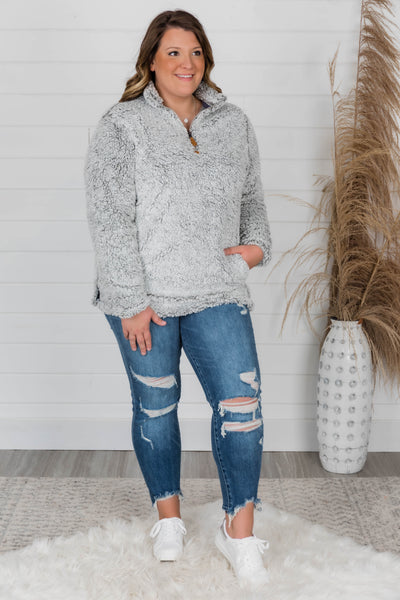 Snowy Daydreams Light Grey Sherpa Quarter Zip Pullover