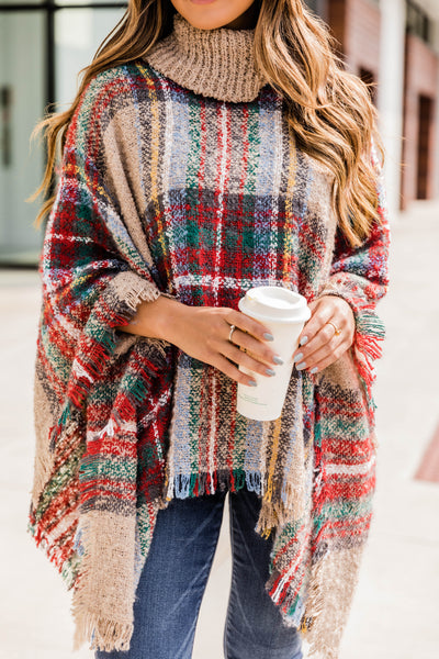 Stay Classy Khaki Plaid Poncho