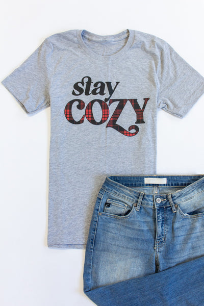 Stay Cozy Plaid Graphic Grey Tee