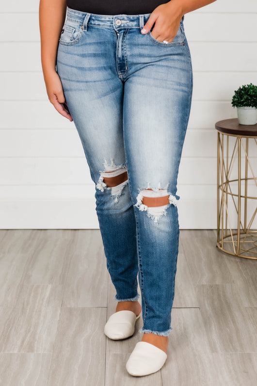 The Kallista Medium Wash Distressed Crop Jeans