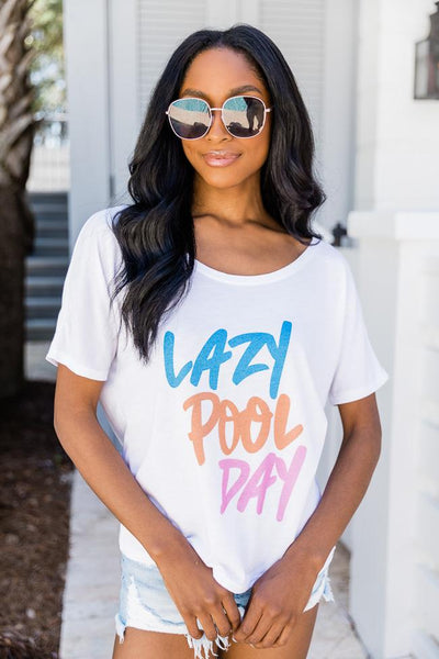 Lazy Pool Day White Graphic Slouchy Tee