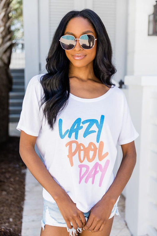 Lazy Pool Day White Graphic Slouchy Tee