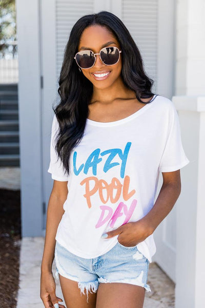 Lazy Pool Day White Graphic Slouchy Tee