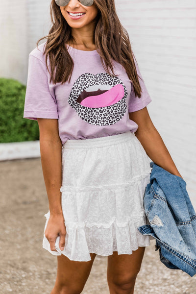 White Animal Print Lips Lilac Graphic Tee