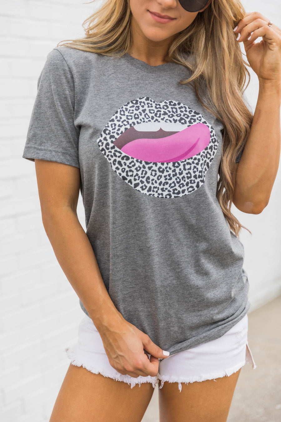 White Animal Print Lips Grey Graphic Tee