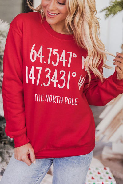 North Pole Coordinates Red Graphic Sweatshirt