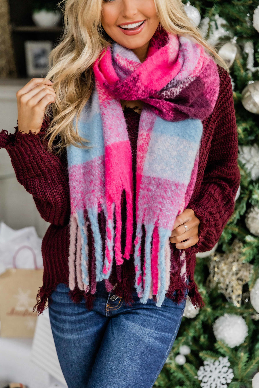 We're Sweeter Together Pink Plaid Scarf