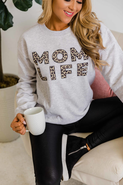 Mom Life Leopard Print Ash Graphic Sweatshirt