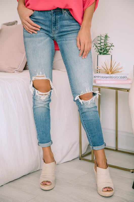 The Kallista Medium Wash Distressed Crop Jeans