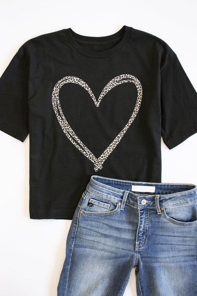 Animal Print Sketched Heart Graphic Tee Black