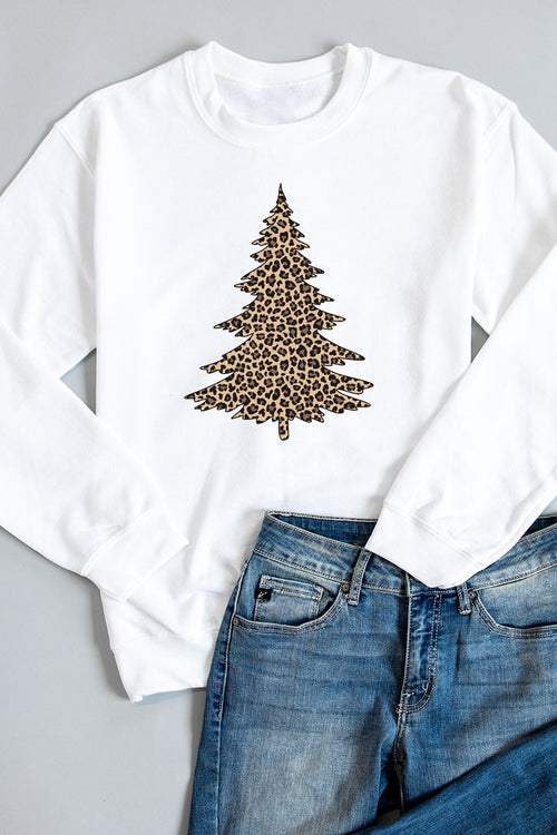 Animal Print Christmas Tree Graphic White Sweatshirt