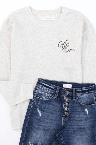 Coffee Queen Script Embroidered Heather Sand Sweatshirt