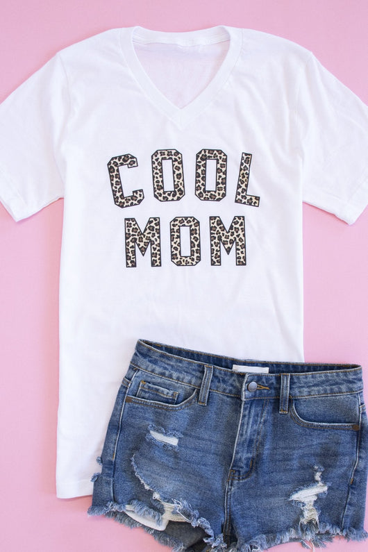 Cool Mom Animal Print White V-Neck Graphic Tee