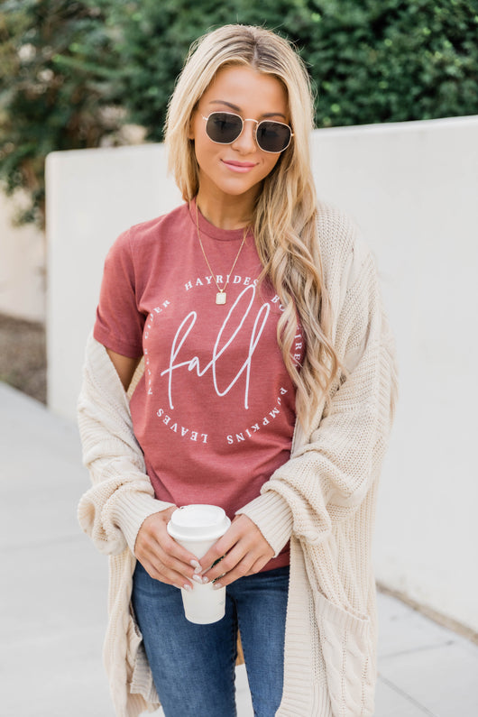 Fall Script Graphic Heather Clay Tee Shirt