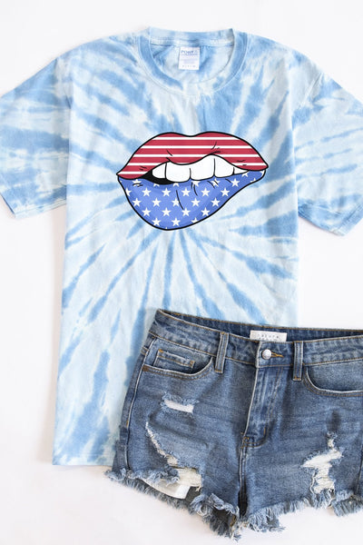 USA Flag Lips Tie Dye Tee Light Blue