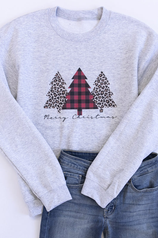 Plaid And Animal Print Trees Graphic Ash Sweatshirt