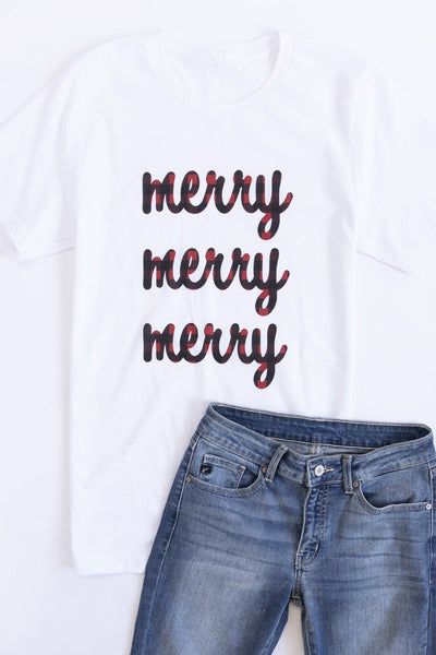 Plaid Merry Merry Merry Graphic White Tee