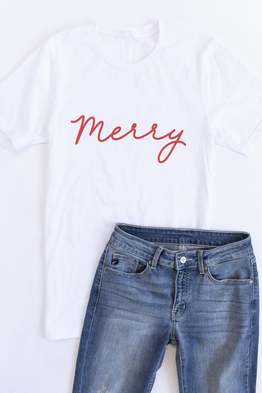 Merry Script Graphic White Tee