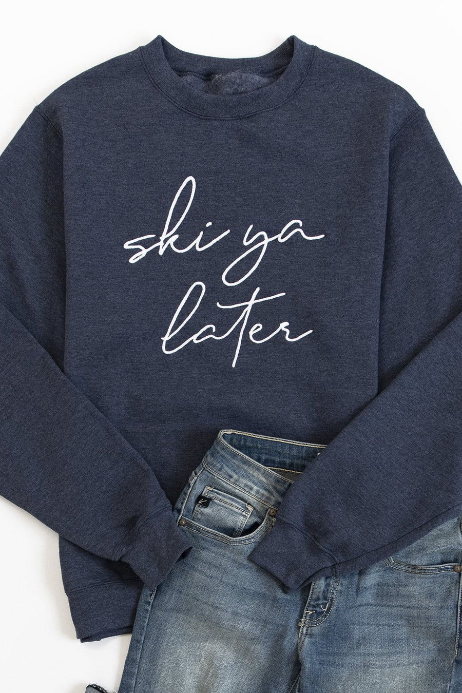 Ski Ya Later Embroidered Heather Navy Graphic Sweatshirt