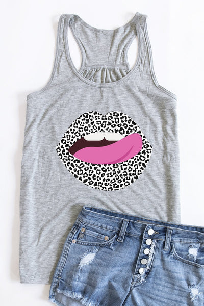White Animal Print Lips Graphic Tank Athletic Grey